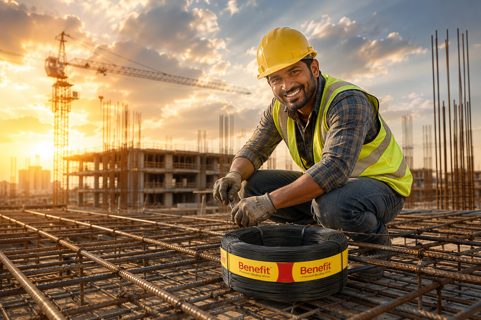Worker tying rebar with Benefit binding wire